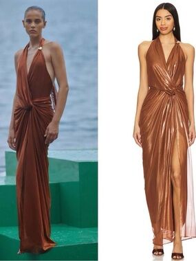 Baobab Collection Metallic Brown Halter Knot-Front Maxi Dress